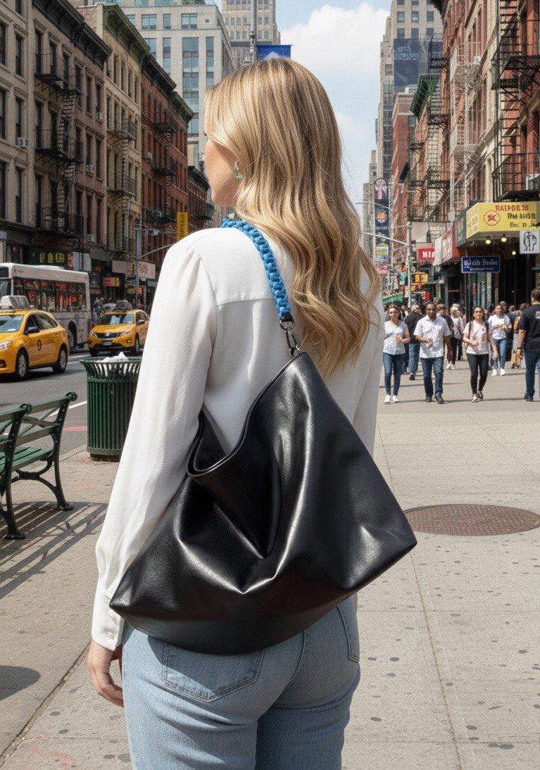 Modern Black Vegan Leather Hobo Bag, Electric Blue Paracord Handle, Large Slouchy Tote