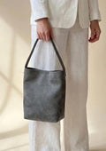 Grey Faux Suede Tote Bag, Minimalist Pink Lined Vegan Leather Shoulder Bag