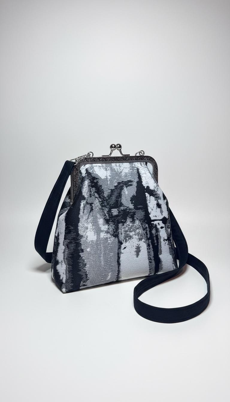 Abstract Kiss Lock Crossbody Bag, Metallic Gray Evening Clutch