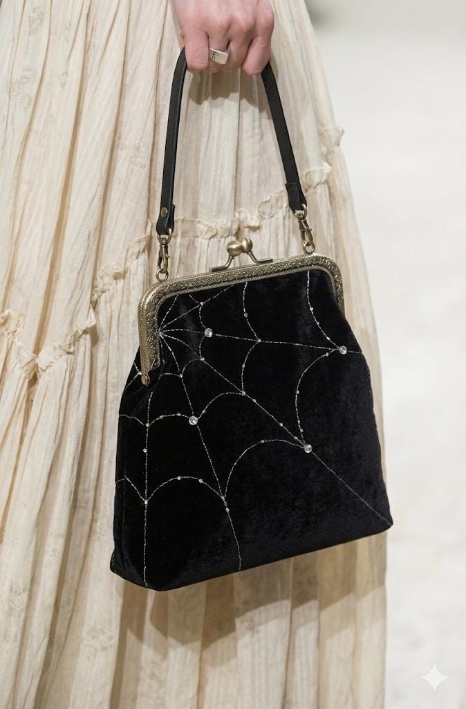 Velvet Spiderweb kiss lock crossbody bag with vintage inspired frame and gothic embroidery