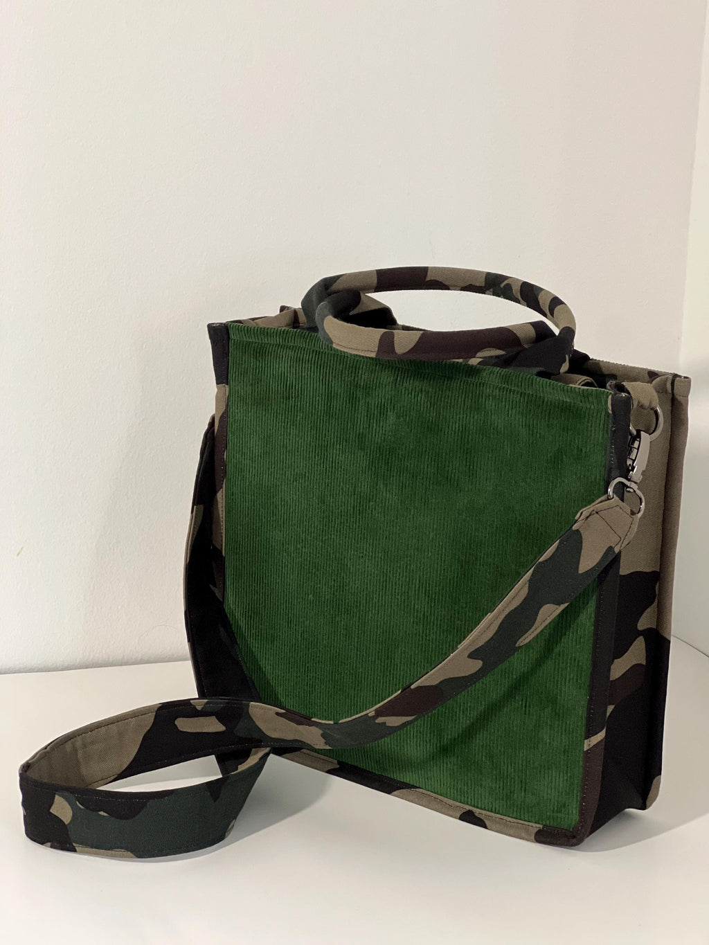 Green Velvet Camouflage Tote Bag, Detachable Crossbody Strap