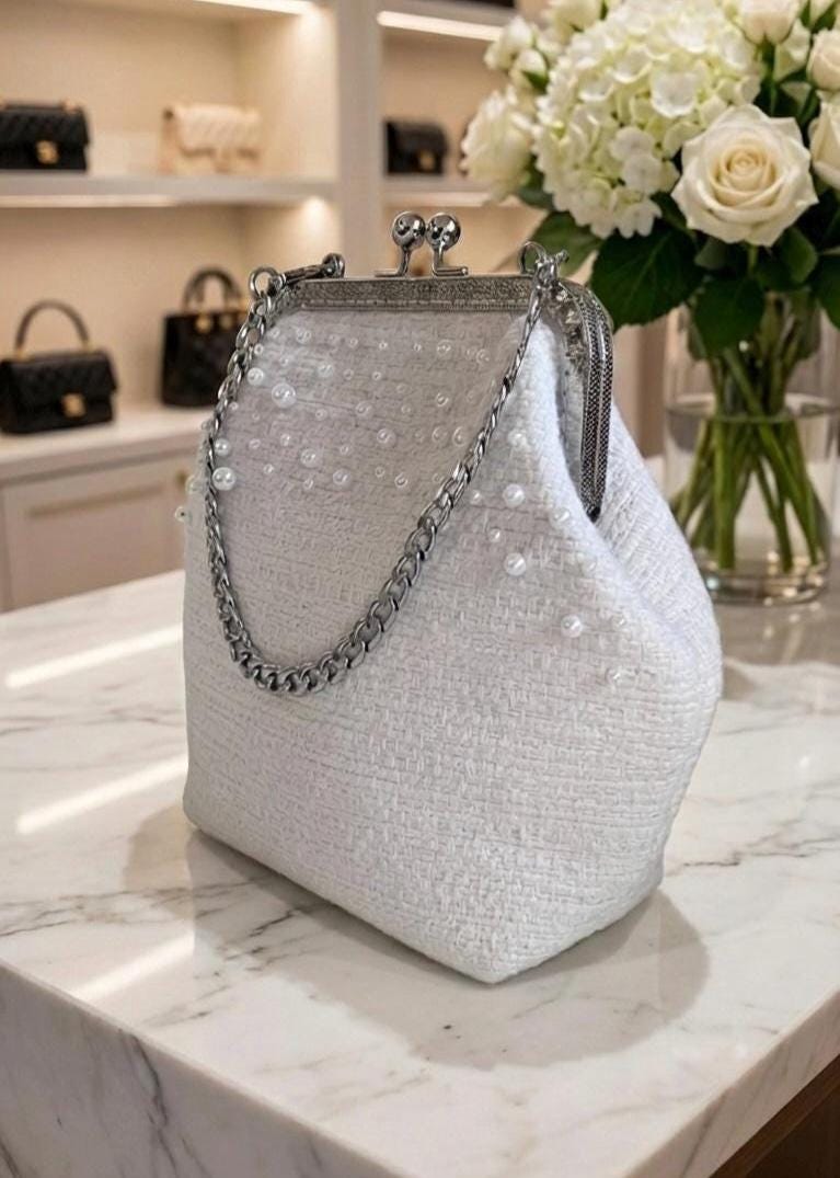 Pearl Embellished White Tweed Kisslock Clutch | Evening & Bridal Handbag with Chain
