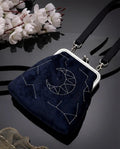Black Velvet Kiss Lock Purse - Hand-Embroidered Silver Moon Constellation - Gothic Crossbody Bag