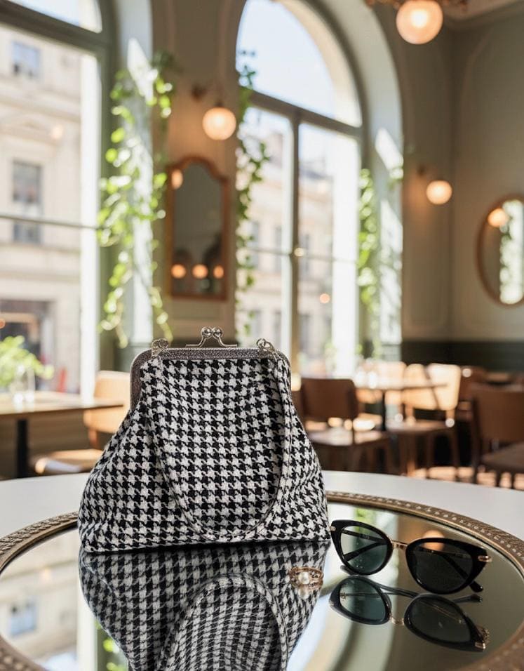 Maroon Houndstooth Frame Clutch, Parisian Chic Tweed Evening Bag with Kiss Lock