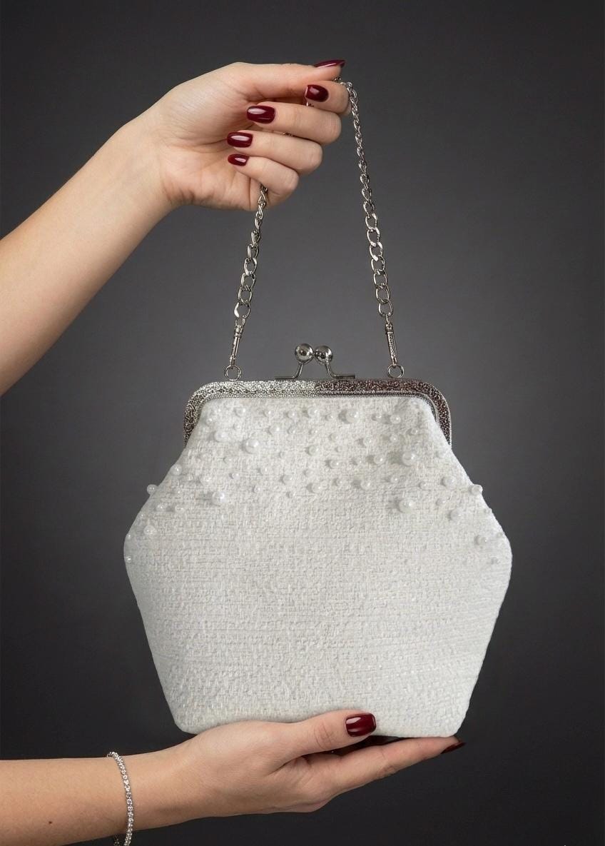 Pearl Embellished White Tweed Kisslock Clutch | Evening & Bridal Handbag with Chain