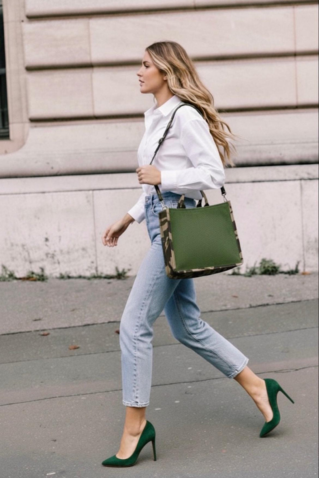 Green Velvet Camouflage Tote Bag, Detachable Crossbody Strap