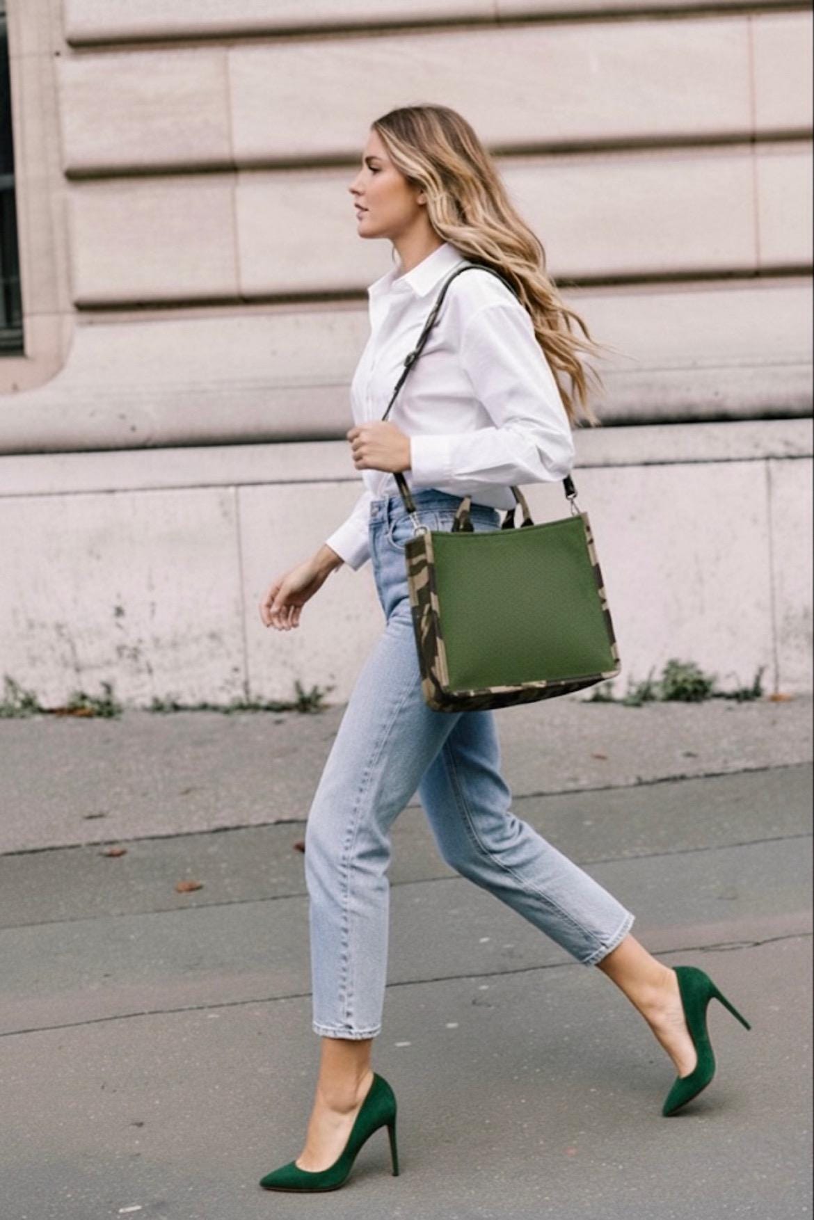 Green Velvet Camouflage Tote Bag, Detachable Crossbody Strap