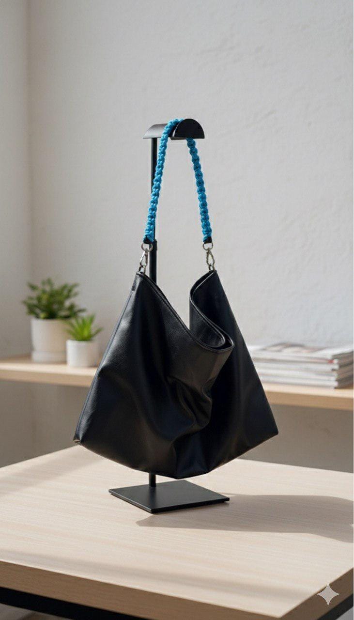 Modern Black Vegan Leather Hobo Bag, Electric Blue Paracord Handle, Large Slouchy Tote