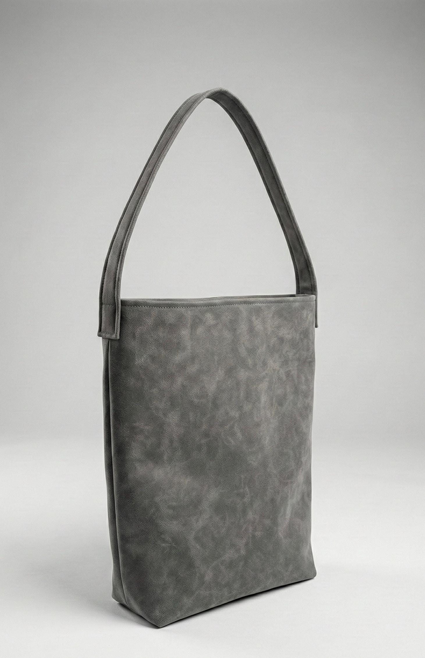 Grey Faux Suede Tote Bag, Minimalist Pink Lined Vegan Leather Shoulder Bag