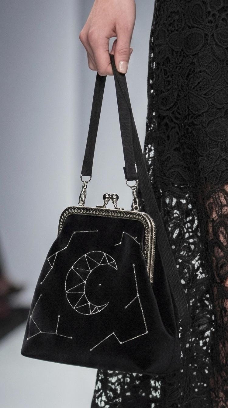 Black Velvet Kiss Lock Purse - Hand-Embroidered Silver Moon Constellation - Gothic Crossbody Bag
