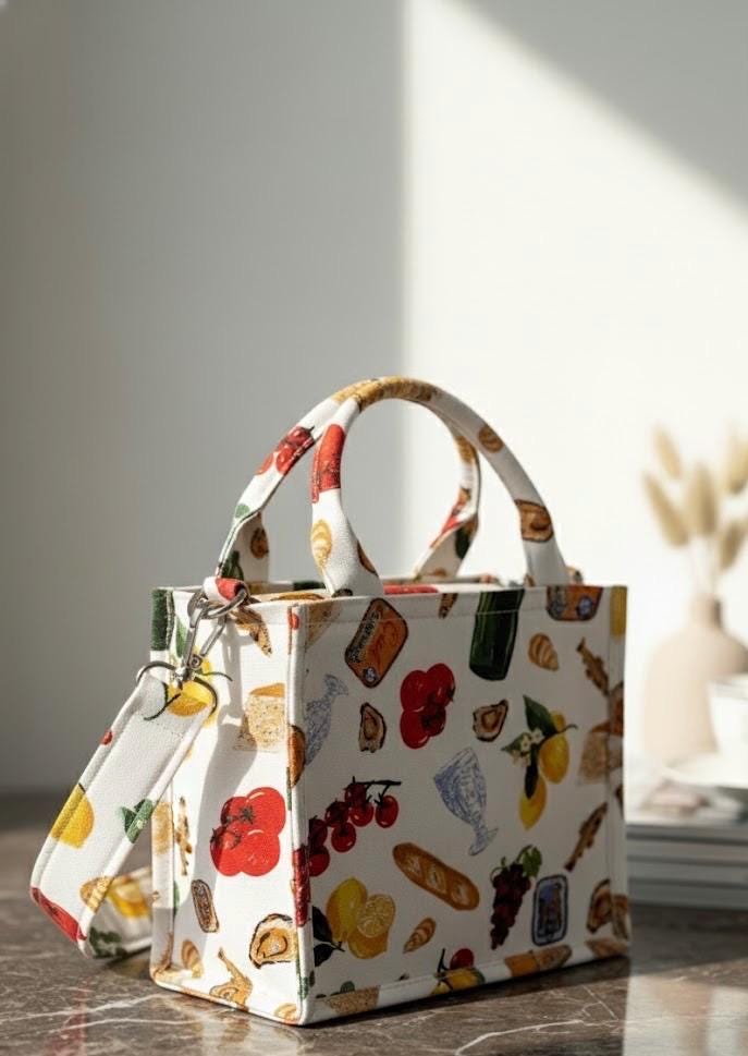 Floral Cotton Tote Bag, Crossbody Strap, Pink Piping
