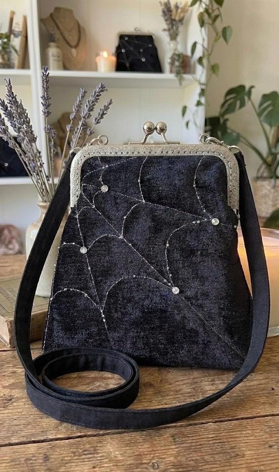 Velvet Spiderweb kiss lock crossbody bag with vintage inspired frame and gothic embroidery