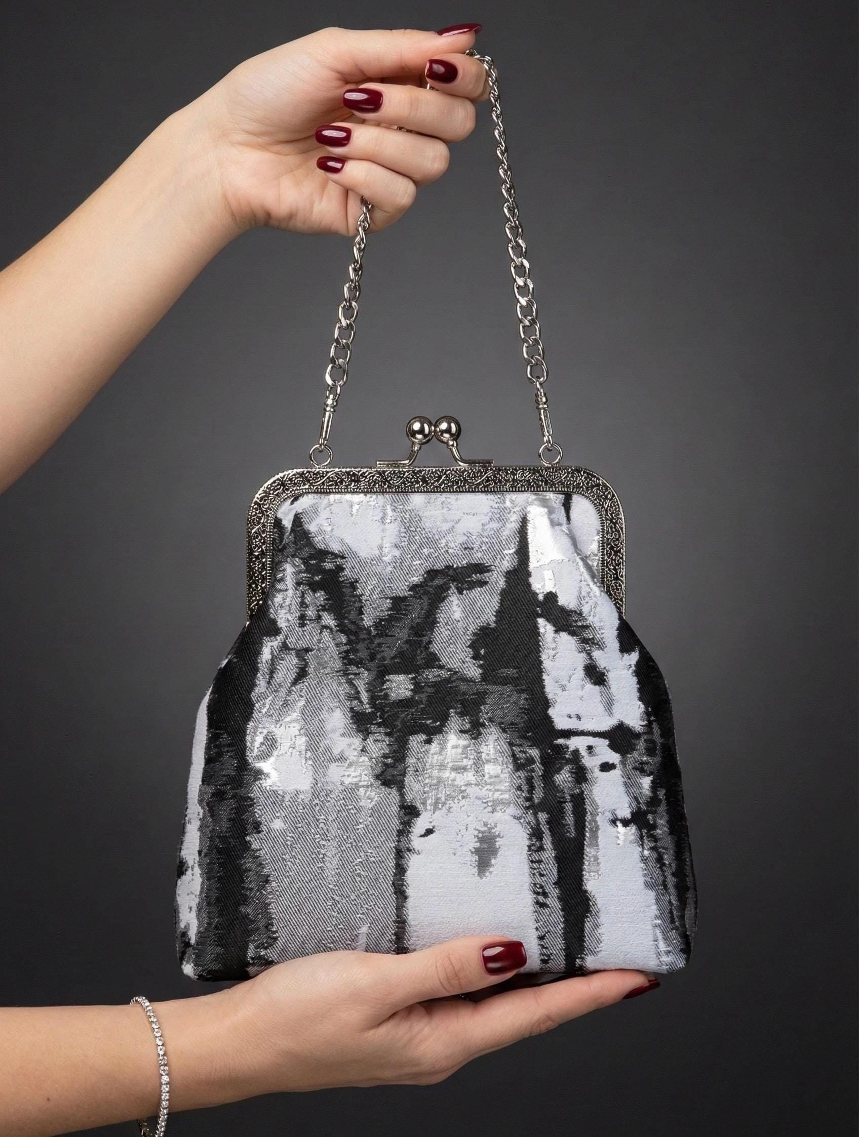 Abstract Kiss Lock Crossbody Bag, Metallic Gray Evening Clutch