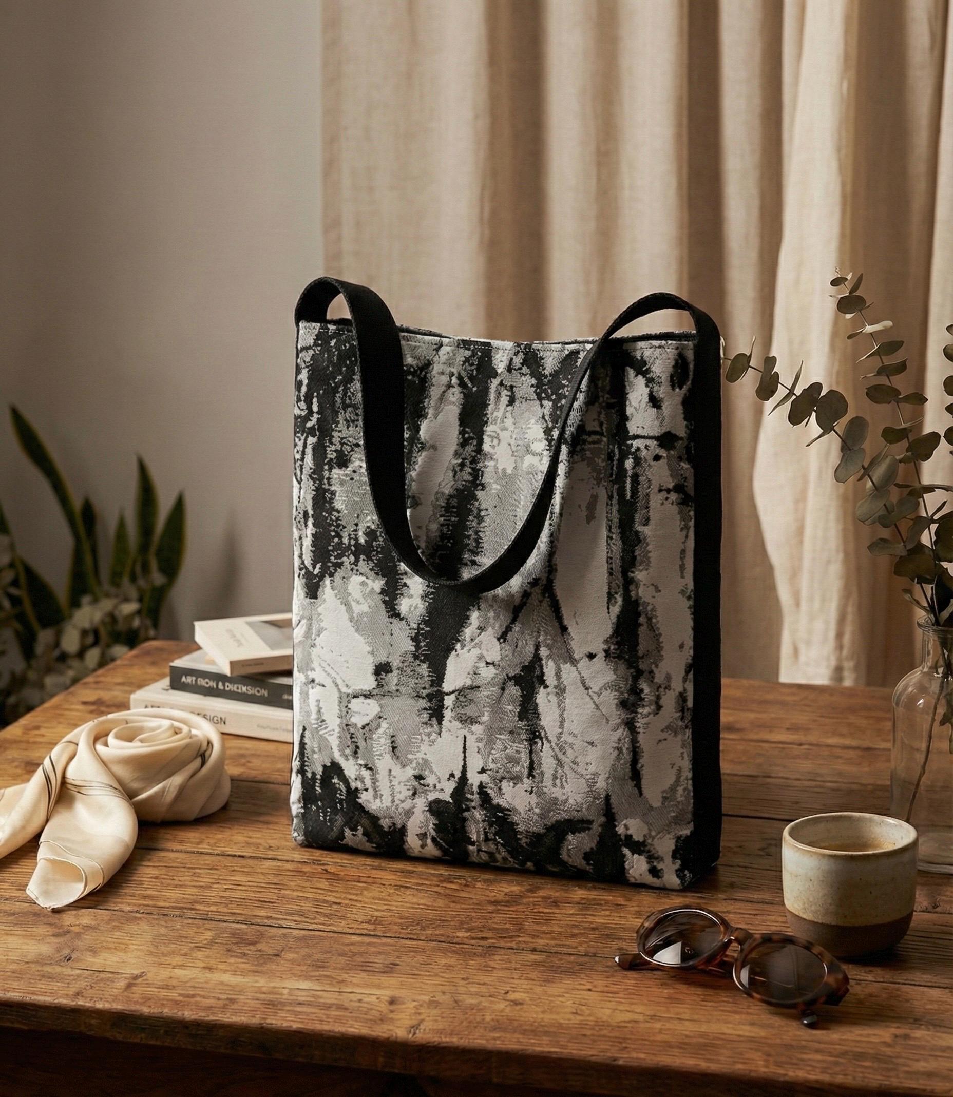 Woven Jacquard Tote Bag, Abstract Black and White Art Purse