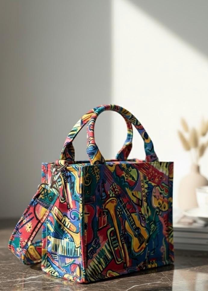 Floral Cotton Tote Bag, Crossbody Strap, Pink Piping