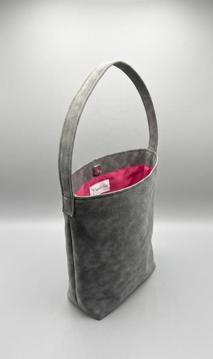 Grey Faux Suede Tote Bag, Minimalist Pink Lined Vegan Leather Shoulder Bag