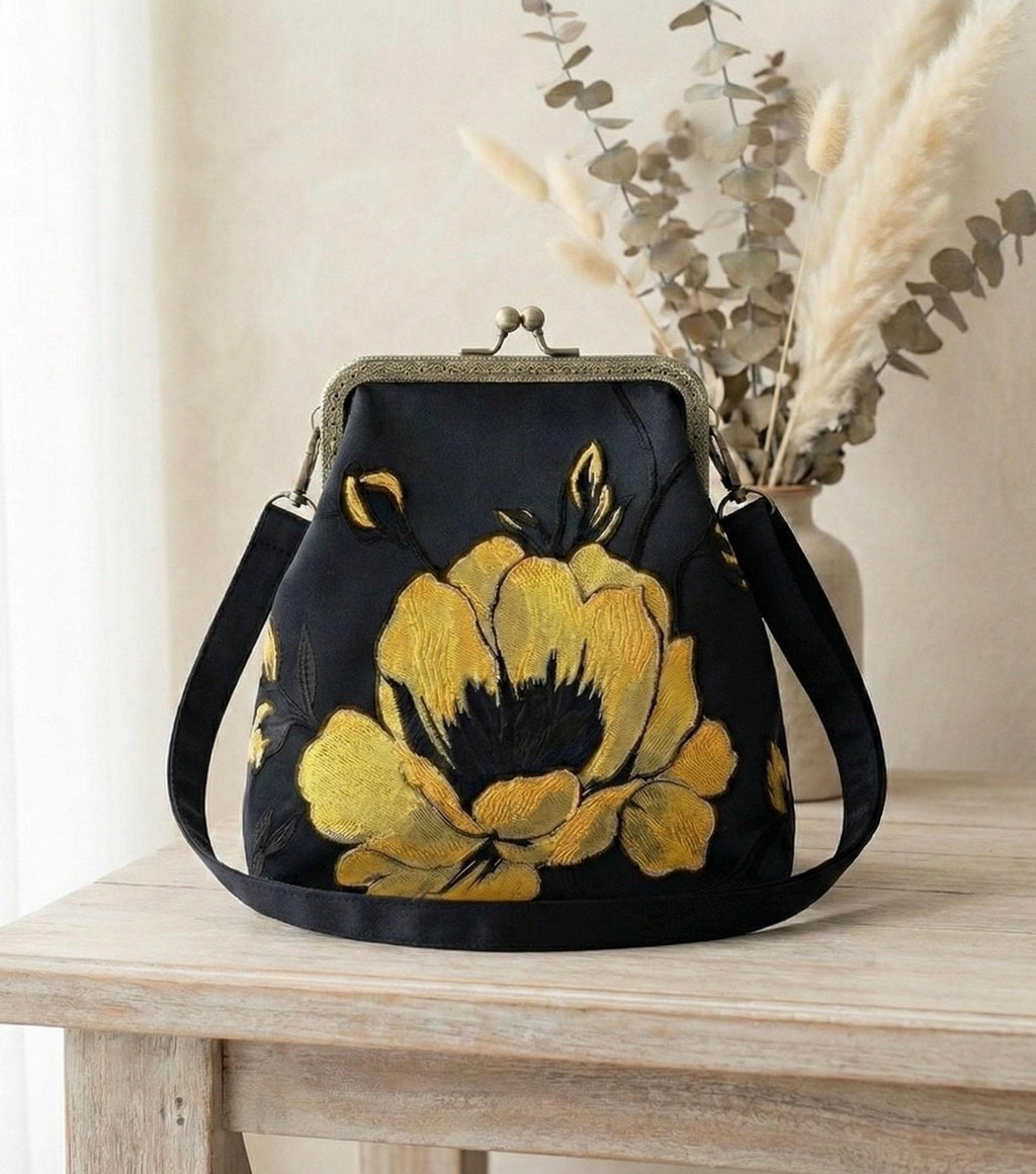 Handmade Floral Embroidered Kiss-Lock Crossbody Bag – Evening Purse