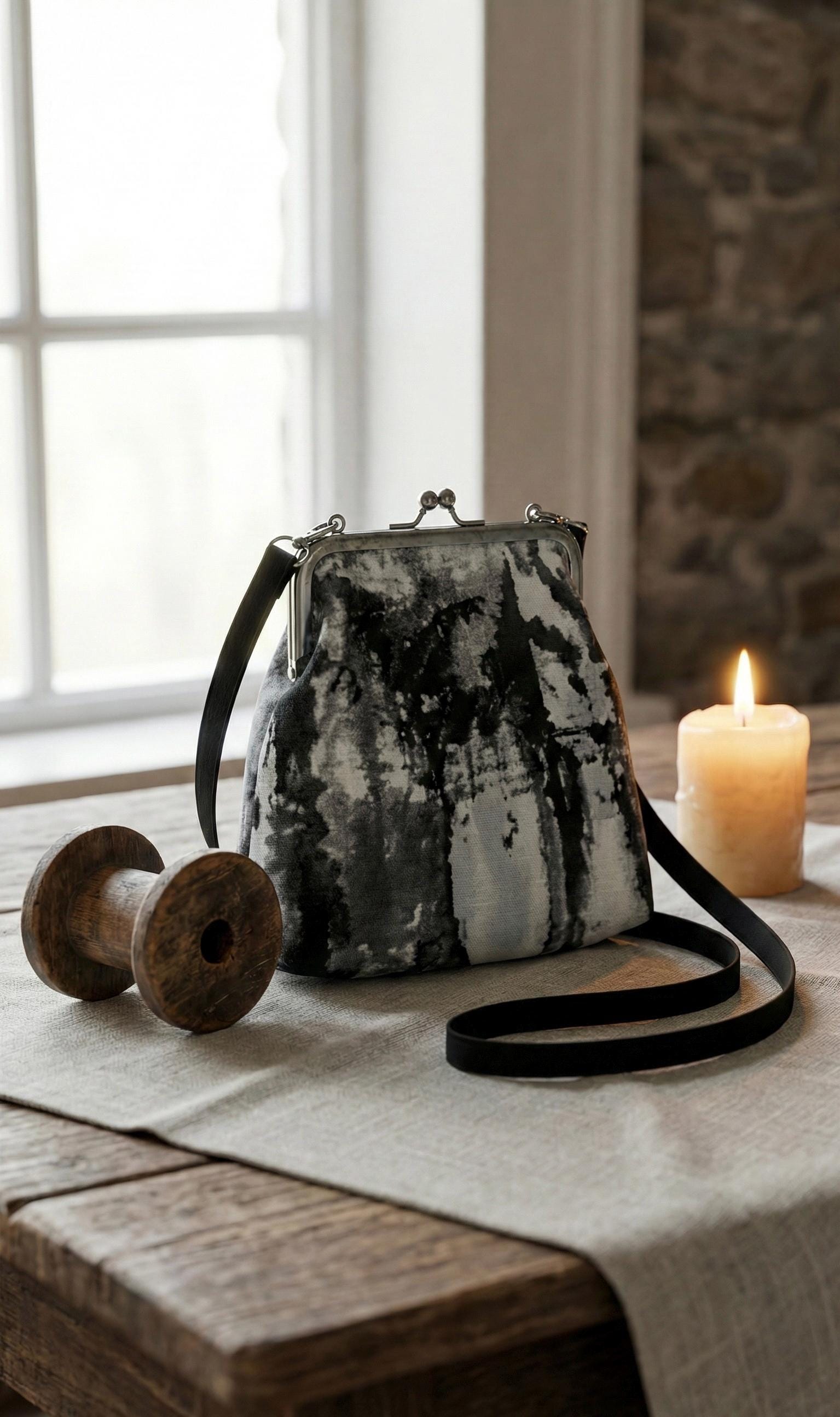 Abstract Kiss Lock Crossbody Bag, Metallic Gray Evening Clutch