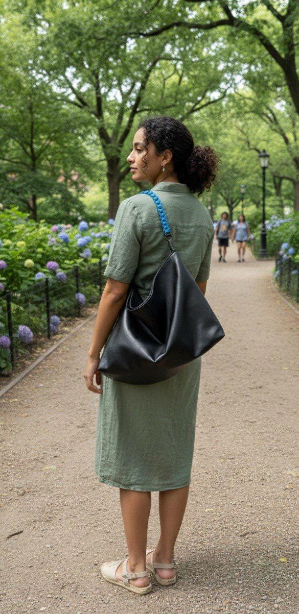 Modern Black Vegan Leather Hobo Bag, Electric Blue Paracord Handle, Large Slouchy Tote