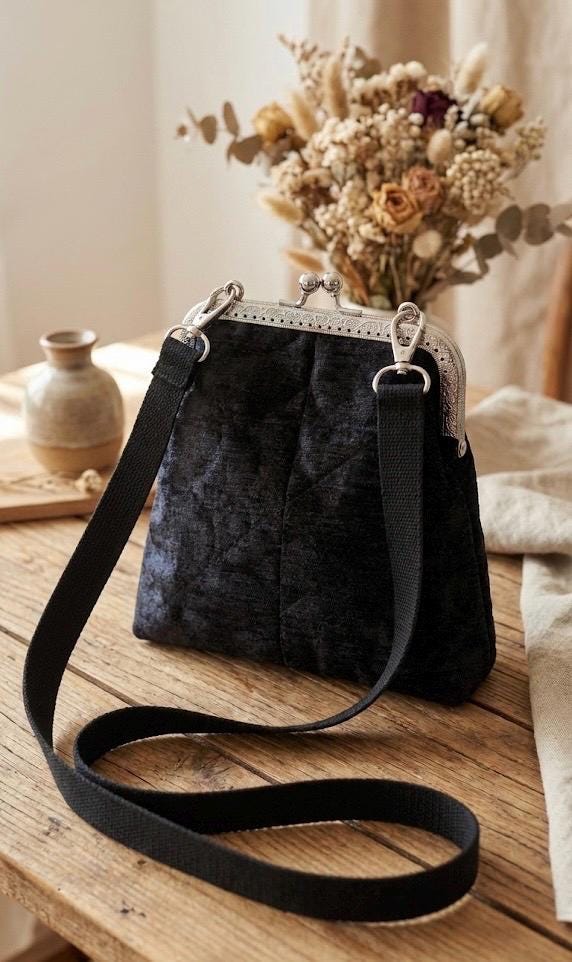 Velvet Spiderweb kiss lock crossbody bag with vintage inspired frame and gothic embroidery