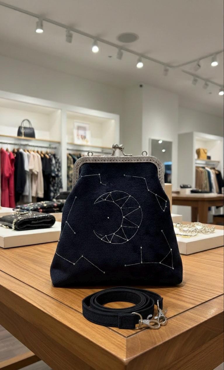 Black Velvet Kiss Lock Purse - Hand-Embroidered Silver Moon Constellation - Gothic Crossbody Bag