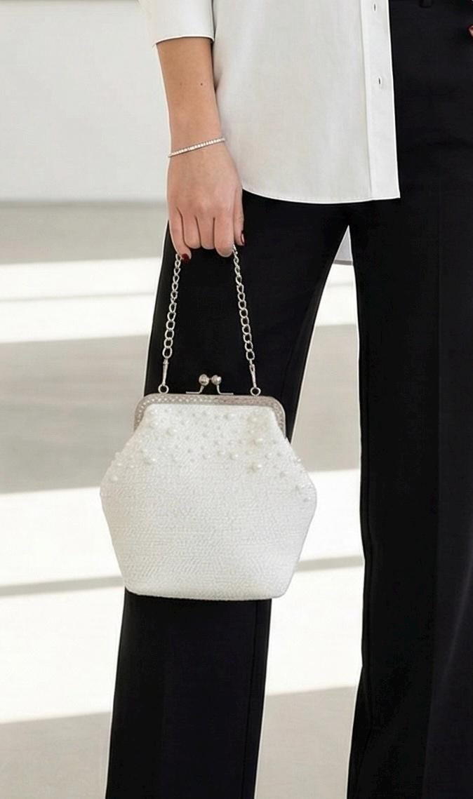 Pearl Embellished White Tweed Kisslock Clutch | Evening & Bridal Handbag with Chain