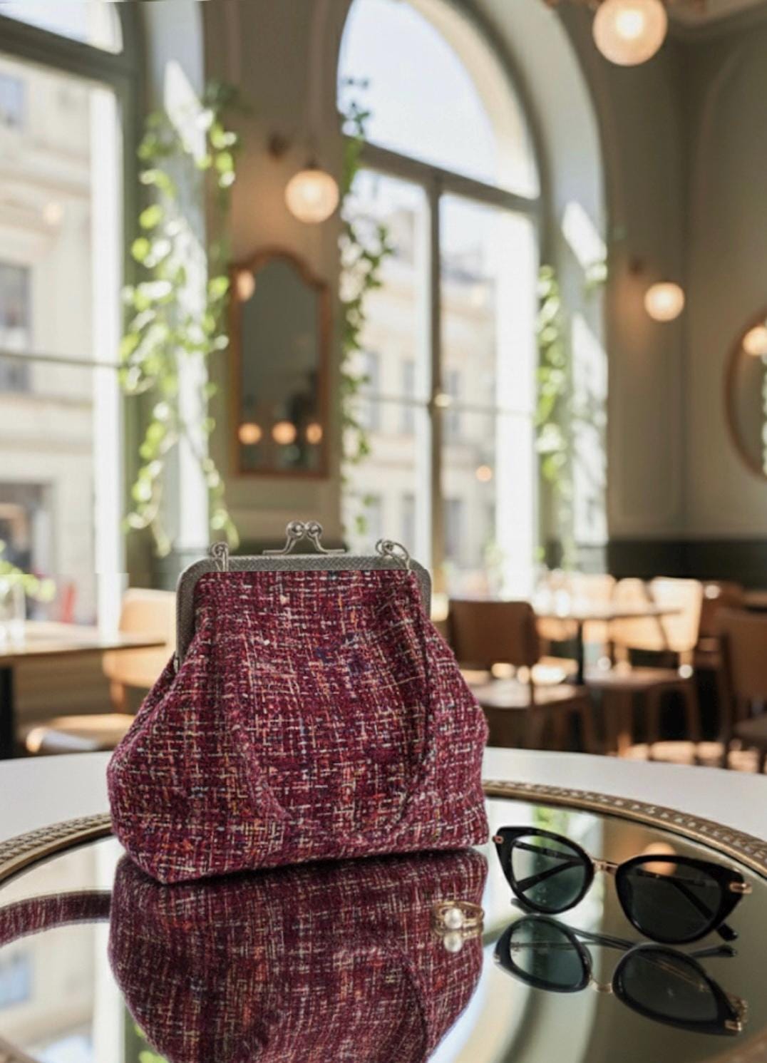 Retro Houndstooth Frame Clutch, Parisian Chic Tweed Evening Bag with Kiss Lock