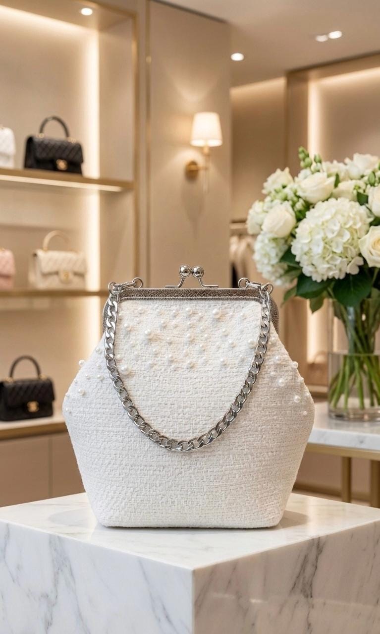 Pearl Embellished White Tweed Kisslock Clutch | Evening & Bridal Handbag with Chain