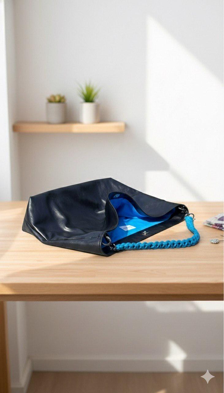 Modern Black Vegan Leather Hobo Bag, Electric Blue Paracord Handle, Large Slouchy Tote
