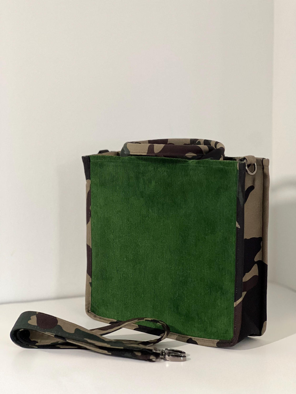 Green Velvet Camouflage Tote Bag, Detachable Crossbody Strap