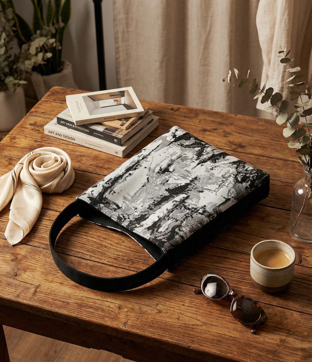 Woven Jacquard Tote Bag, Abstract Black and White Art Purse