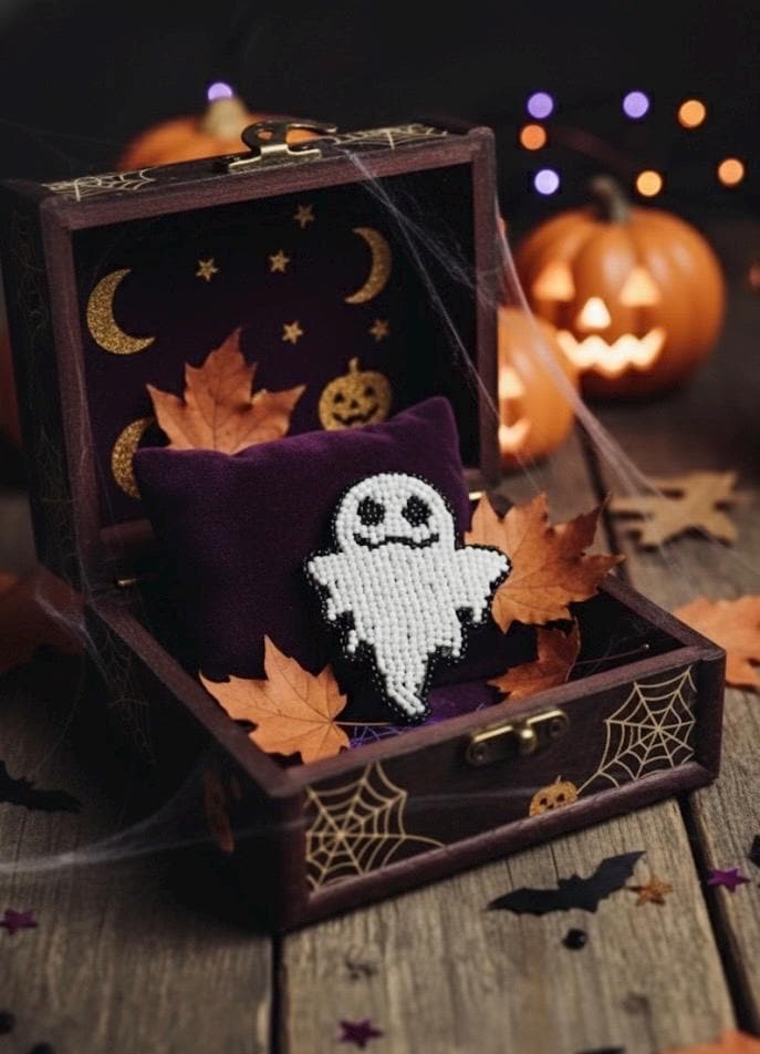 Handcrafted Ghost Pin Brooch, halloween, beads brooch
