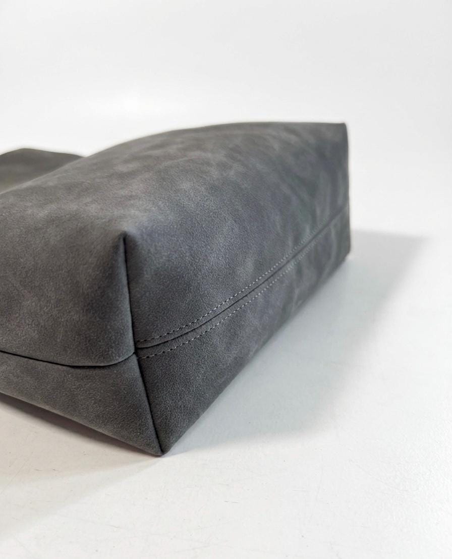 Grey Faux Suede Tote Bag, Minimalist Pink Lined Vegan Leather Shoulder Bag