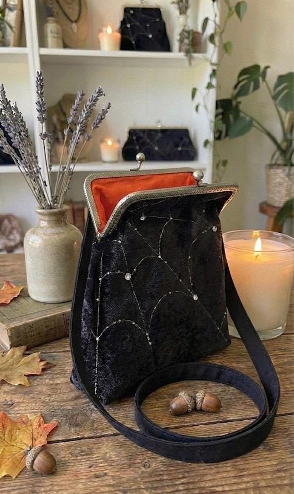 Velvet Spiderweb kiss lock crossbody bag with vintage inspired frame and gothic embroidery