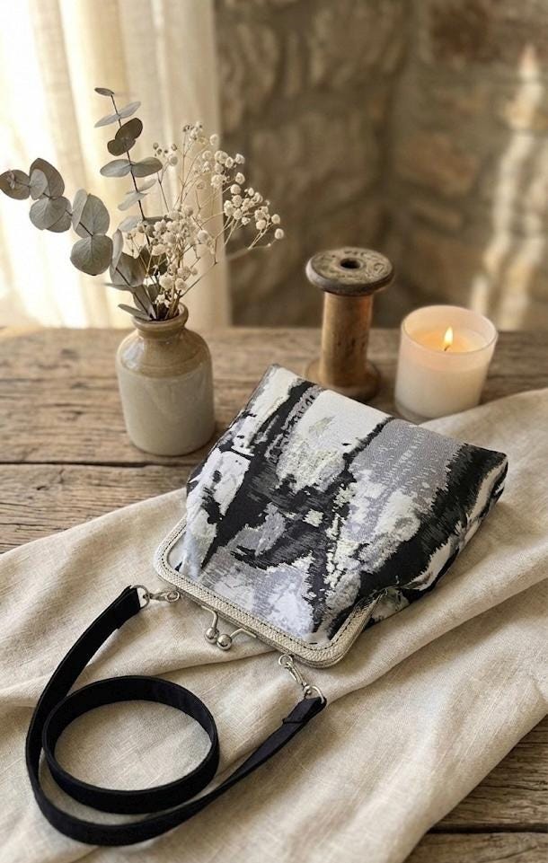 Abstract Kiss Lock Crossbody Bag, Metallic Gray Evening Clutch