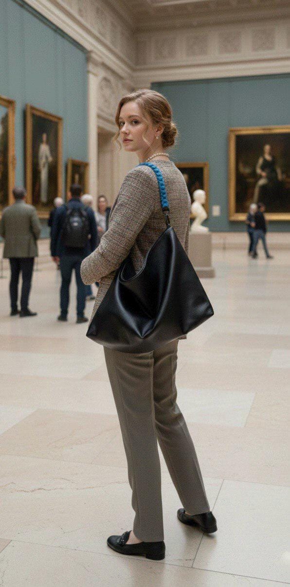 Modern Black Vegan Leather Hobo Bag, Electric Blue Paracord Handle, Large Slouchy Tote