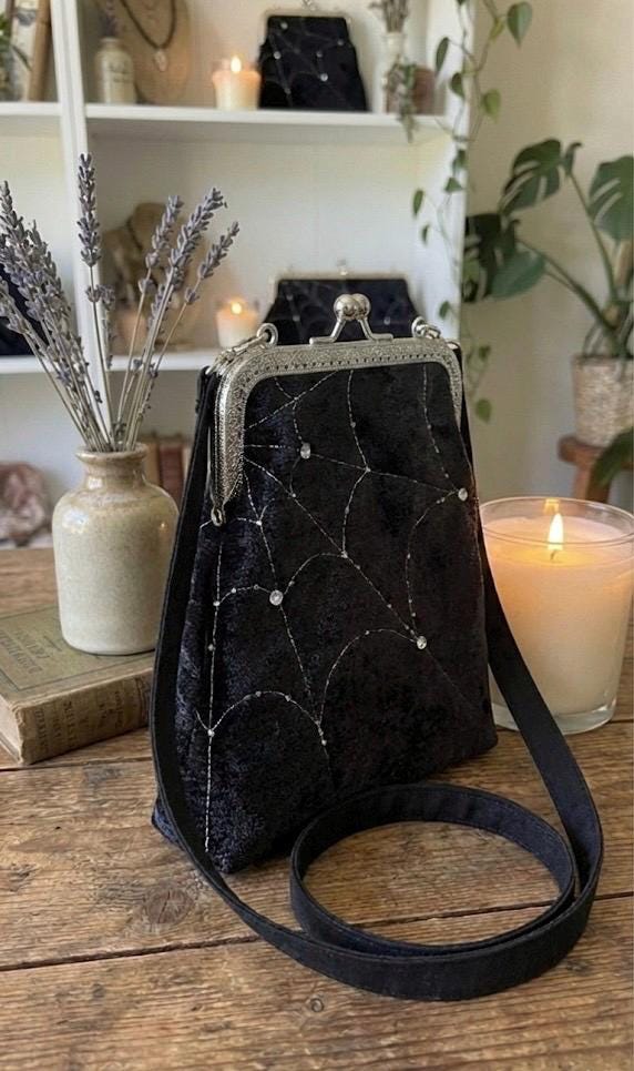 Velvet Spiderweb kiss lock crossbody bag with vintage inspired frame and gothic embroidery