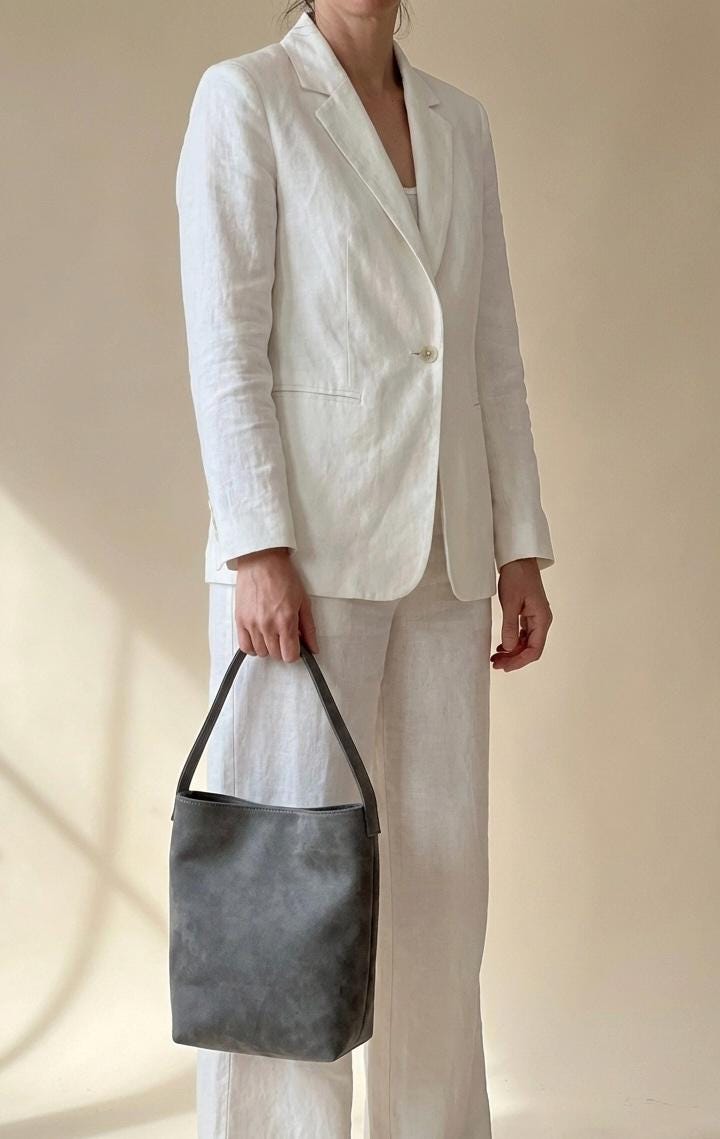 Grey Faux Suede Tote Bag, Minimalist Pink Lined Vegan Leather Shoulder Bag