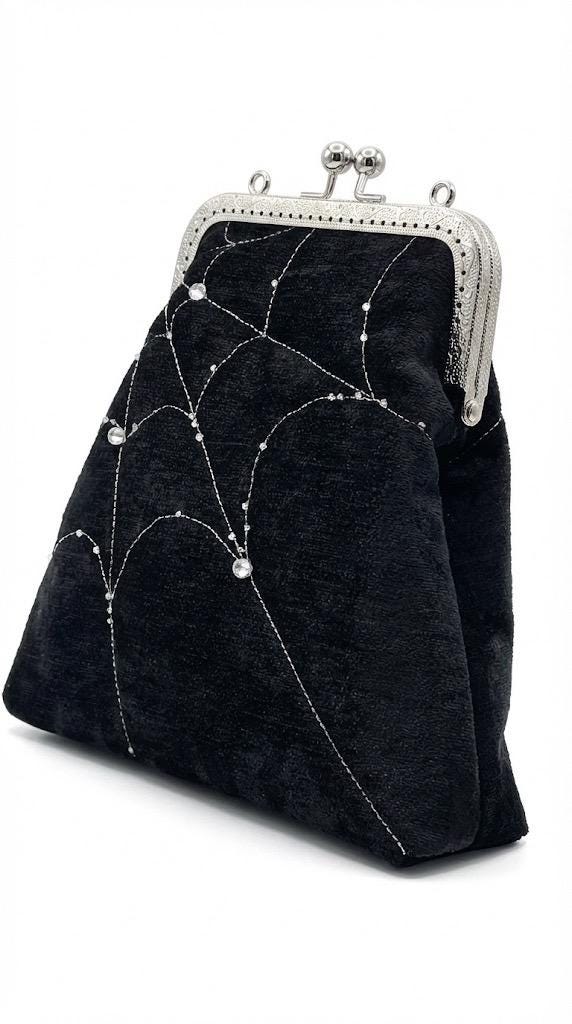 Velvet Spiderweb kiss lock crossbody bag with vintage inspired frame and gothic embroidery
