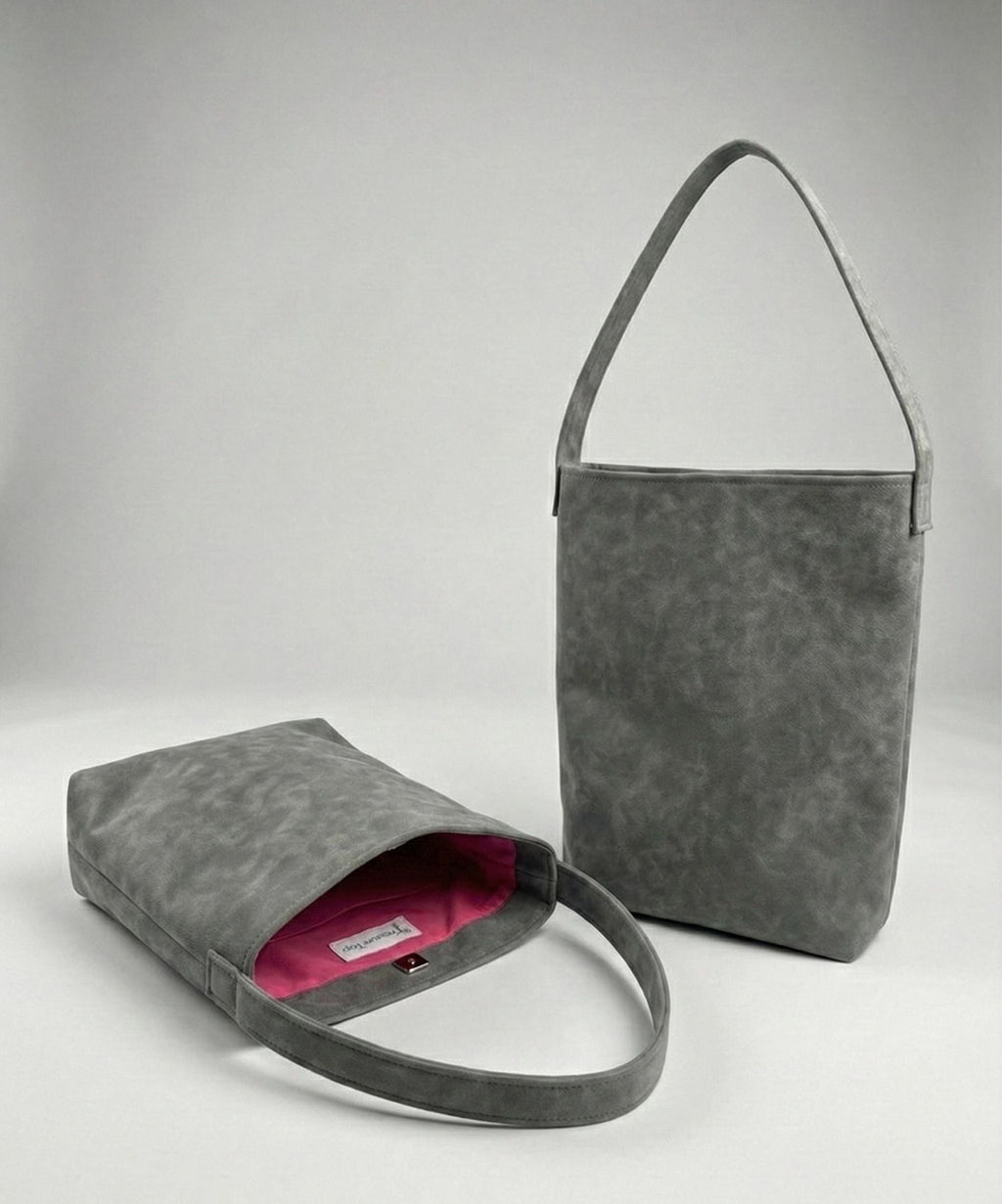Grey Faux Suede Tote Bag, Minimalist Pink Lined Vegan Leather Shoulder Bag