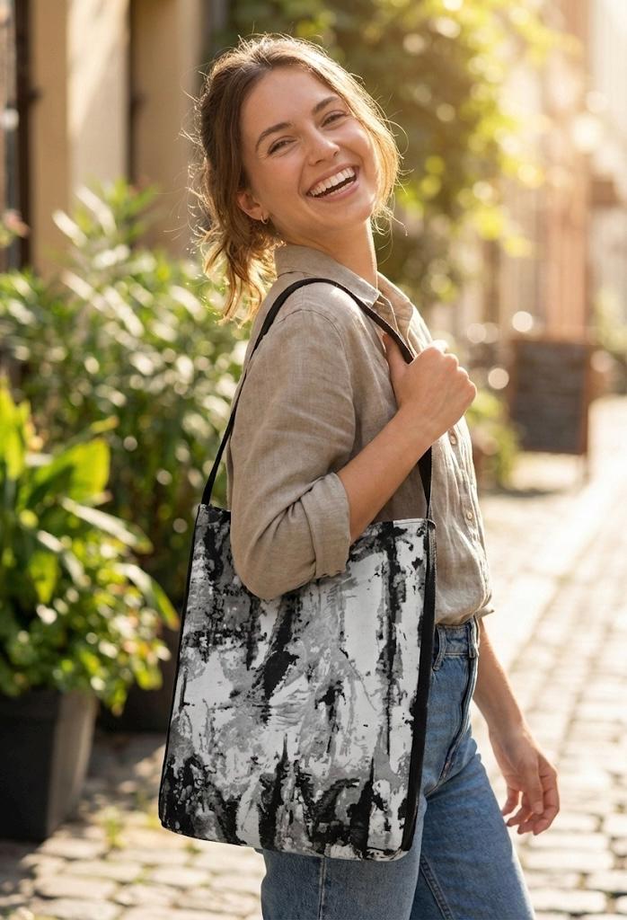 Woven Jacquard Tote Bag, Abstract Black and White Art Purse