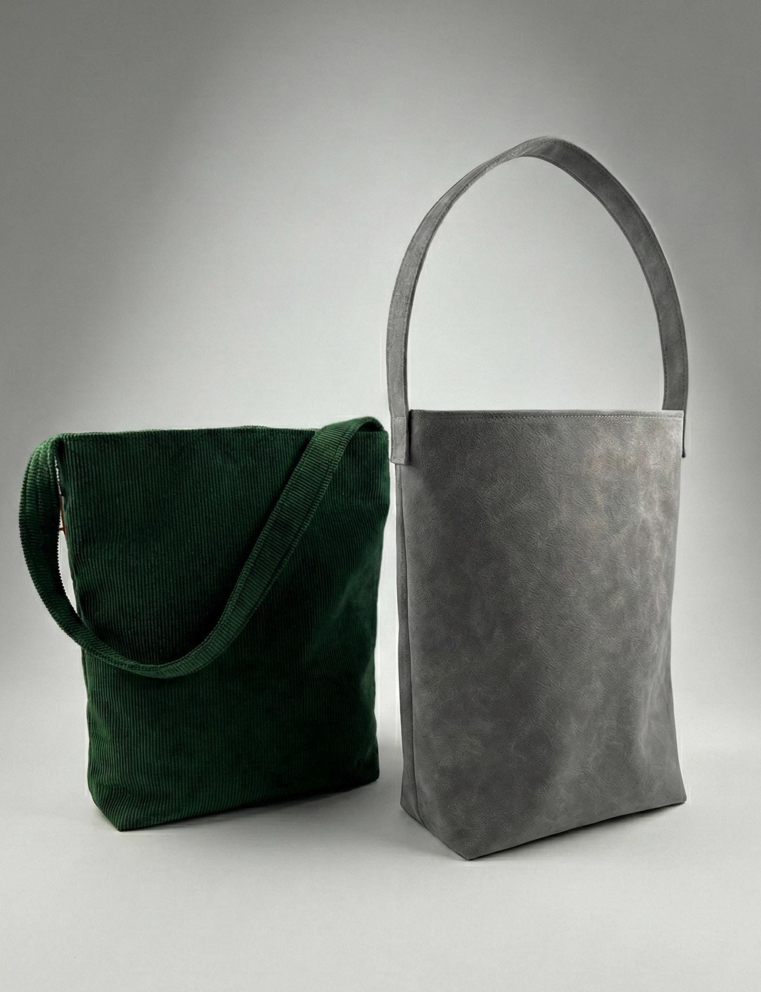 Grey Faux Suede Tote Bag, Minimalist Pink Lined Vegan Leather Shoulder Bag