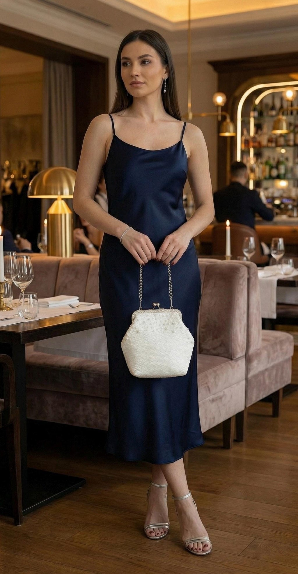 Pearl Embellished White Tweed Kisslock Clutch | Evening & Bridal Handbag with Chain