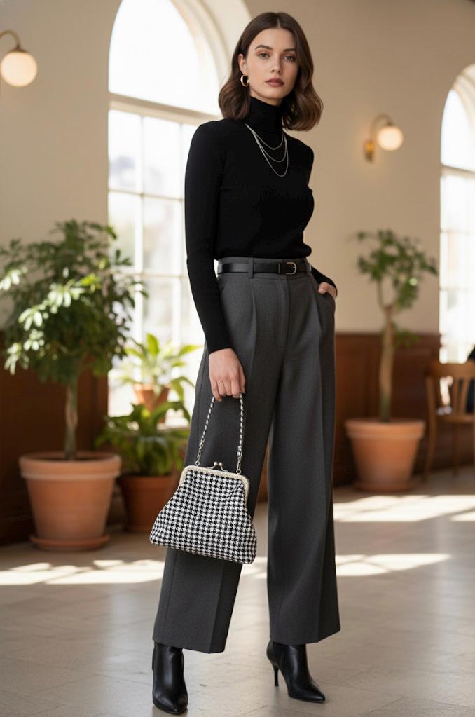 Maroon Houndstooth Frame Clutch, Parisian Chic Tweed Evening Bag with Kiss Lock