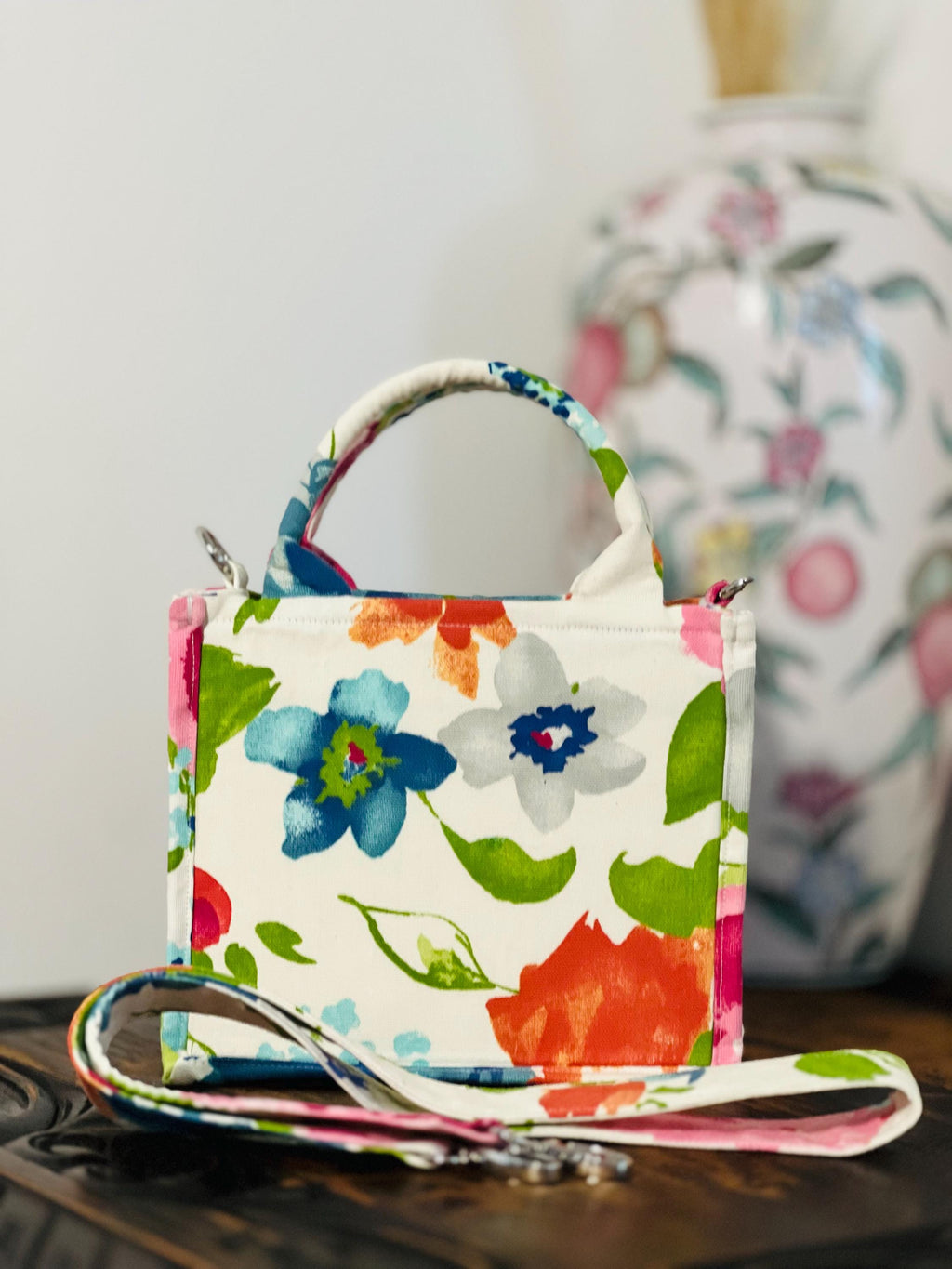 Floral Cotton Tote Bag, Crossbody Strap, Pink Piping