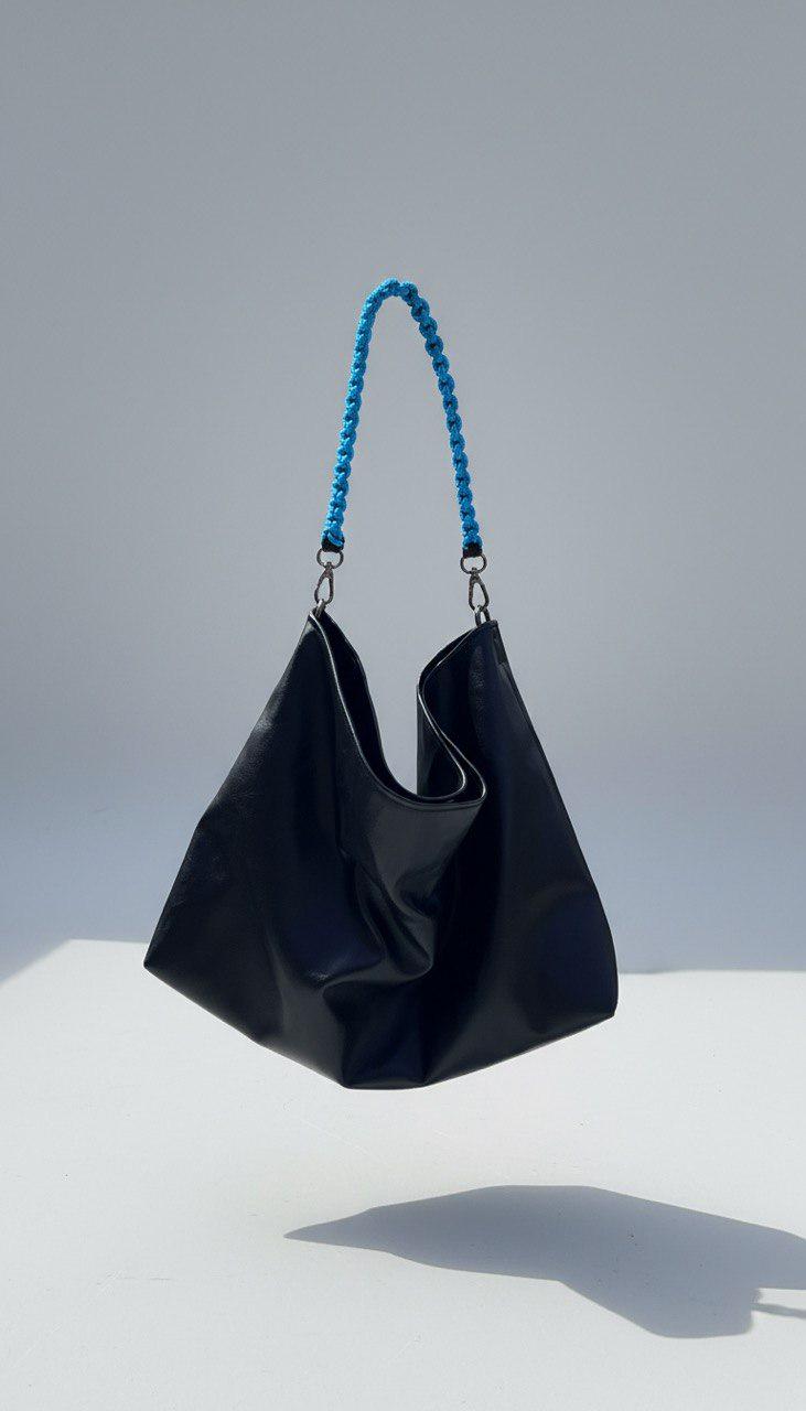 Modern Black Vegan Leather Hobo Bag, Electric Blue Paracord Handle, Large Slouchy Tote