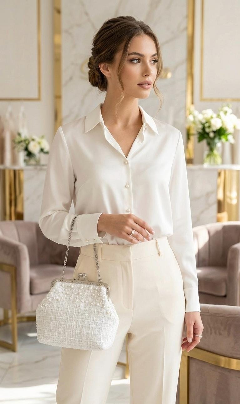 Pearl Embellished White Tweed Kisslock Clutch | Evening & Bridal Handbag with Chain