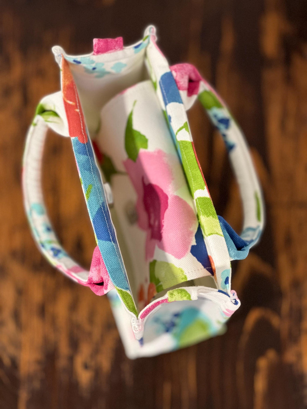 Floral Cotton Tote Bag, Crossbody Strap, Pink Piping