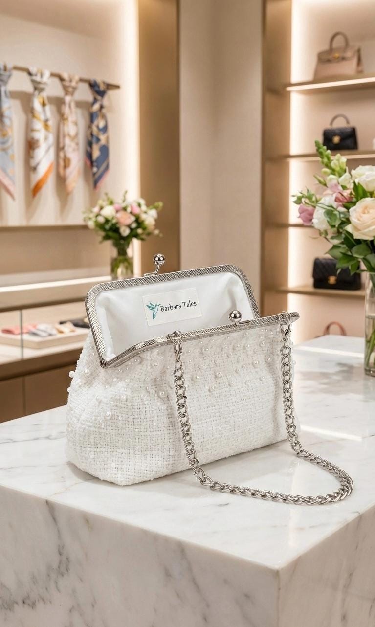 Pearl Embellished White Tweed Kisslock Clutch | Evening & Bridal Handbag with Chain