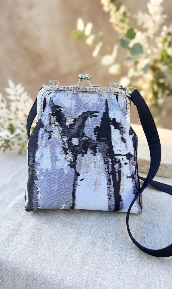 Abstract Kiss Lock Crossbody Bag, Metallic Gray Evening Clutch